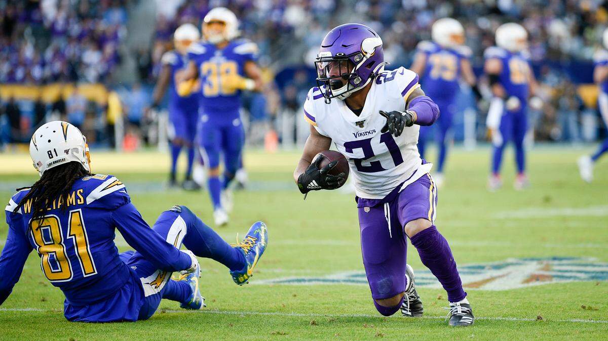 Minnesota Vikings cornerback Mike Hughes reacts after an interception during the second half of an NFL football game in Carson, Calif., Sunday, Dec. 15, 2019. (AP Photo/Kelvin Kuo)