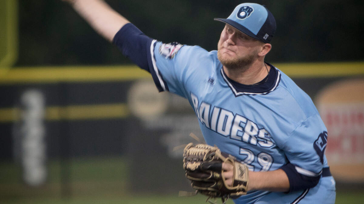 Kansas City college pitcher Austin Brooks throws a pitch at the Ban Johnson Collegiate League in Parkville, Missouri.