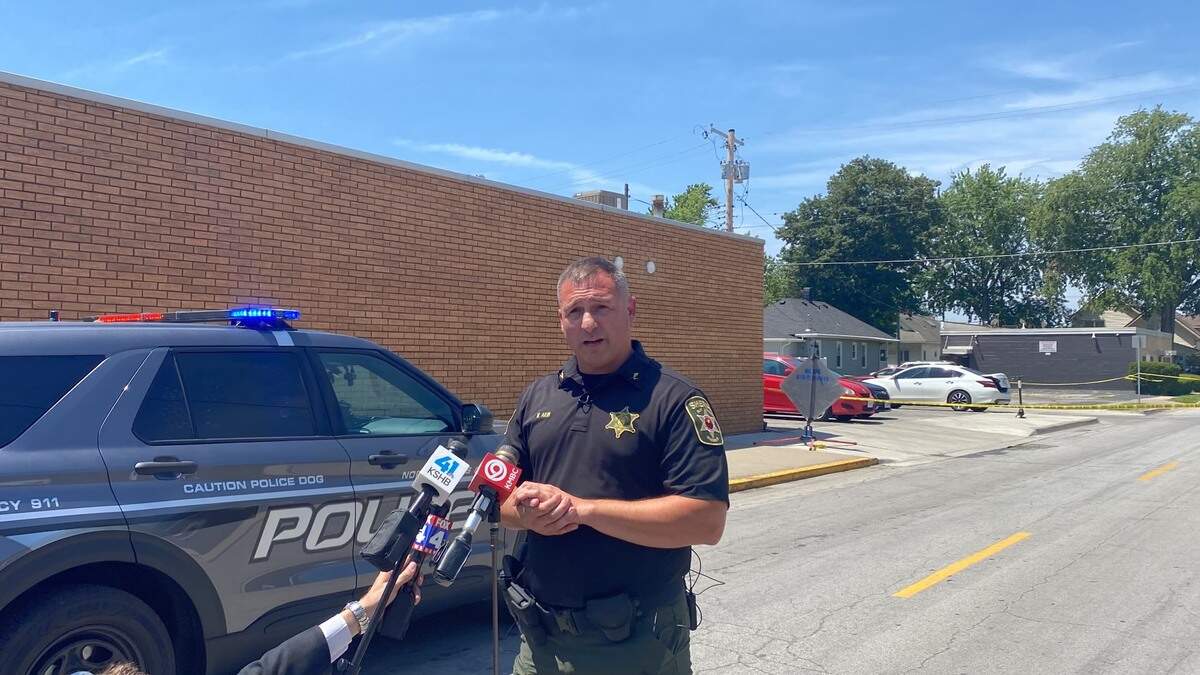 Clay County Sheriff Will Akin speaks at a news conference Tuesday near the scene where a North Kansas City police officer was shot and injured during a traffic stop.