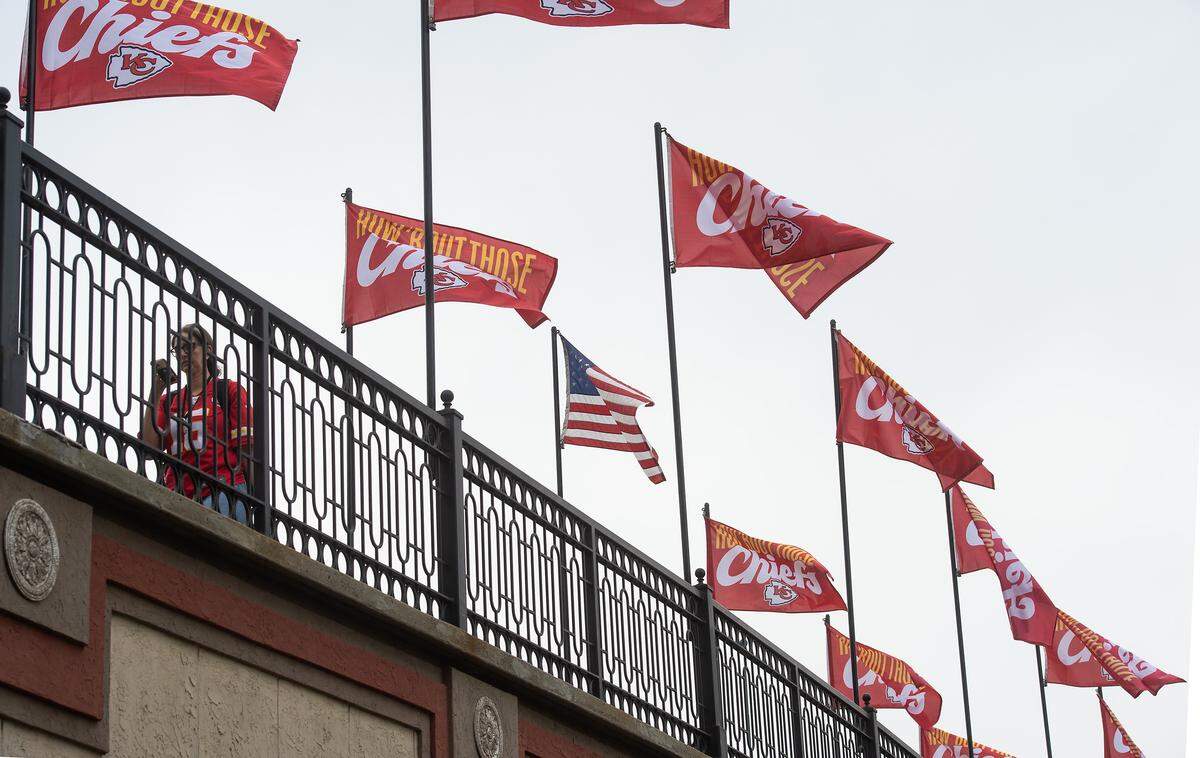 Kansas City Chiefs flags fly on the Sister Cities International Bridge over Brush Creek on the Country Club Plaza on Friday, Sept. 5, 2024, in Kansas City. The flags were flying to celebrate Red Friday and the season opening game in Brazil between the Chiefs and the Los Angeles Chargers.