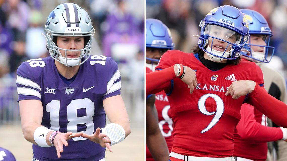 Will Howard, left, will be the K-State Wildcats’ starting quarterback Saturday in Lawrence. Jason Bean, right, will start for KU if he’s deemed healthy enough after suffering a head injury during last week’s game.