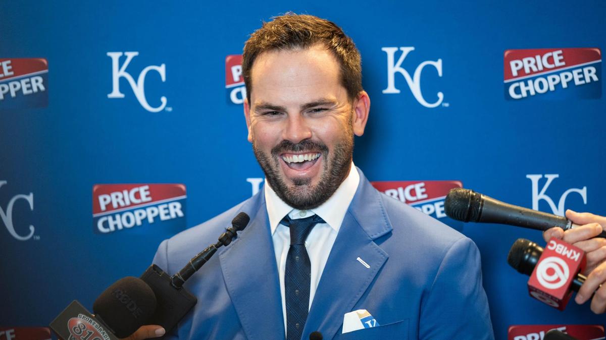Former Kansas City Royals player Mike “Moose” Moustakas speaks with media at the Loews Hotel prior to the Champions Gala on Thursday, May 15, 2025. Moustakas played for the Royals from 2011-2018, including playing a pivotal role in the 2015 World Series championship.