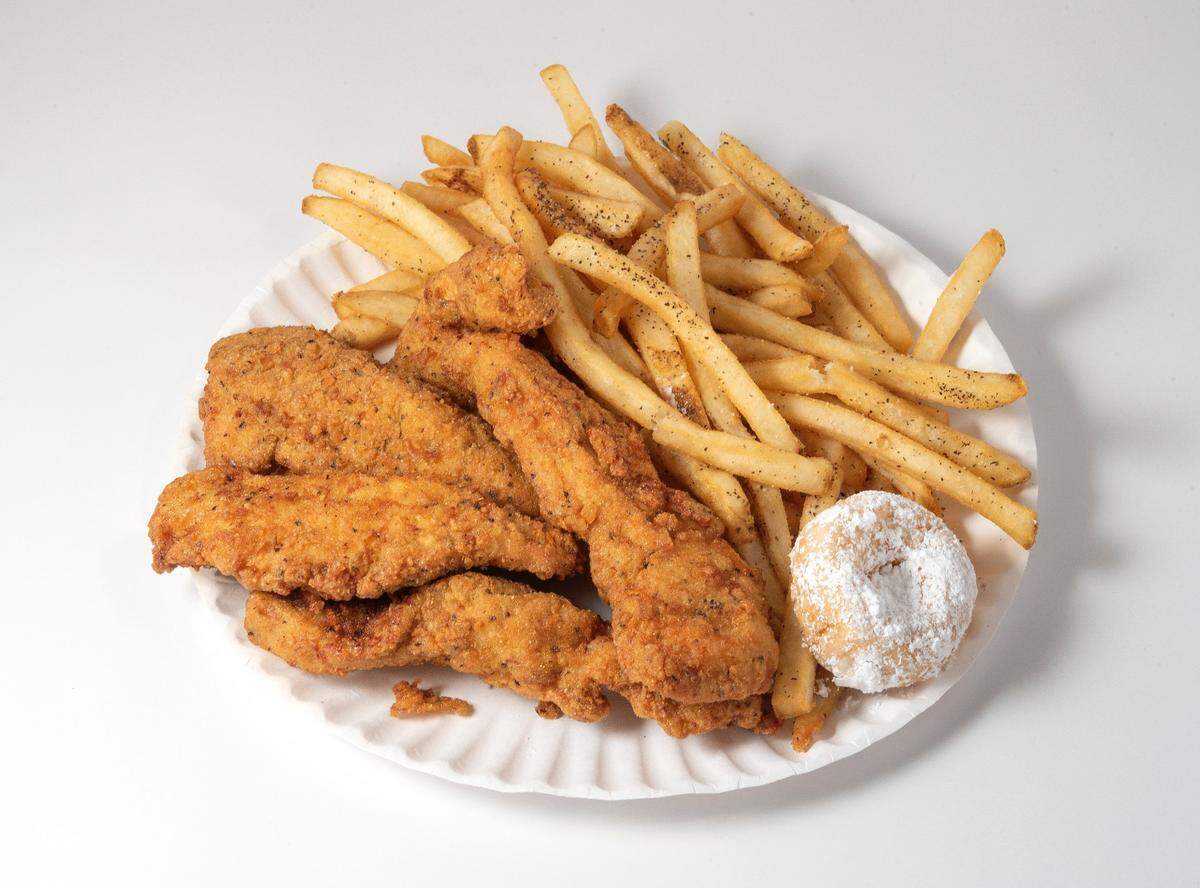 Strip’s most popular order is its chicken strips with fries and donut with three, five or seven chicken strips.