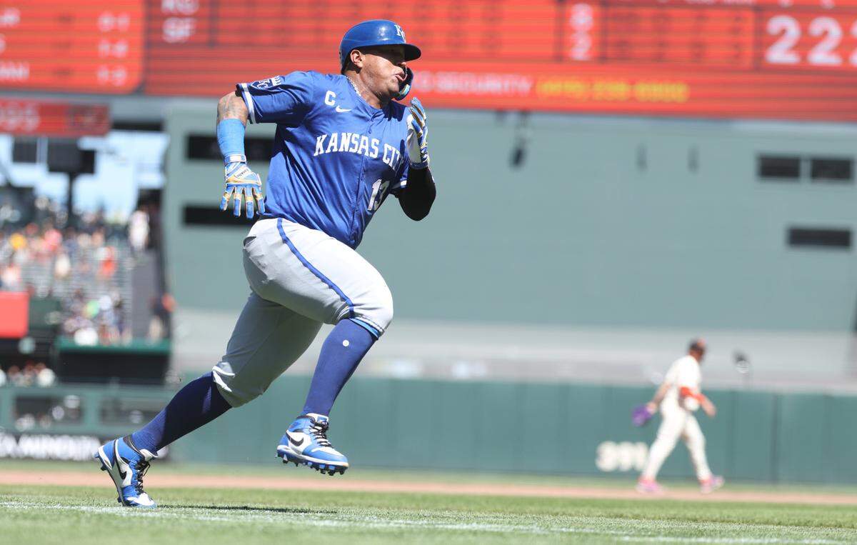 Kansas City Royals catcher Salvador Perez (13) runs toward home plate against the San Francisco Giants during the ninth inning at Oracle Park on May 21, 2025 in San Francisco, California, USA.