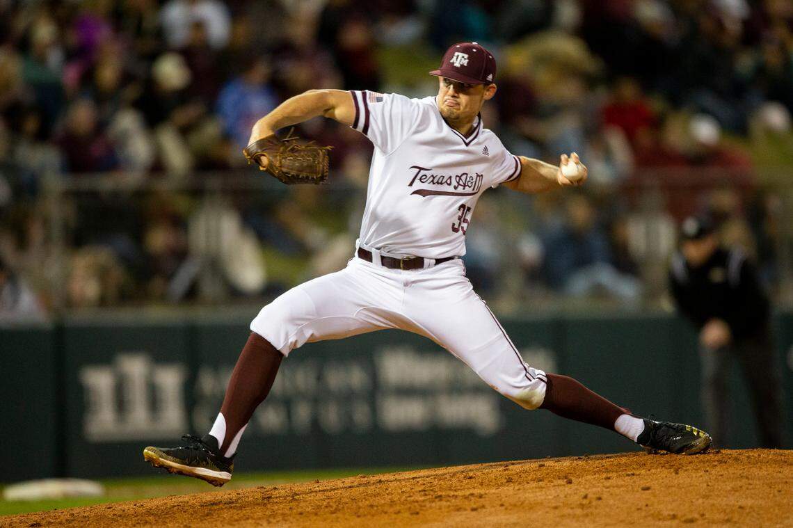 FILE - In this Feb. 14, 2020, file photo, Texas A&M’s Asa Lacy (35) throws a strike against a Miami (Ohio) batter during an NCAA baseball game in College Station, Texas. Detroit has a chance to add another potential standout when it makes the No. 1 selection in Wednesday night’s draft. Lacy is a possible top pick in the Major League Baseball draft. (AP Photo/Sam Craft, File)
