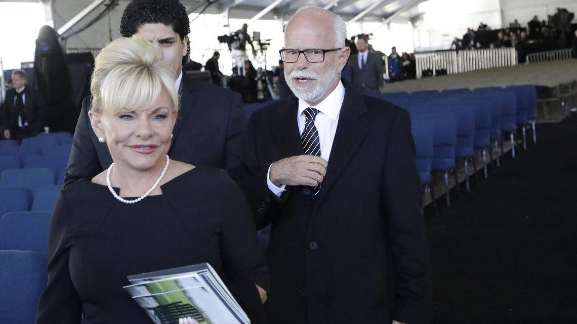 Televangelist Jim Bakker with his wife, Lori, after a funeral service at the Billy Graham Library for the Rev. Billy Graham in Charlotte, N.C.
