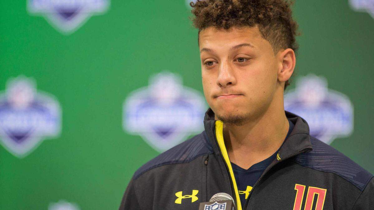 Mar 3, 2017; Indianapolis, IN, USA; Texas Tech quarterback Patrick Mahomes speaks to the media during the 2017 combine at Indiana Convention Center. Mandatory Credit: Trevor Ruszkowski-USA TODAY Sports