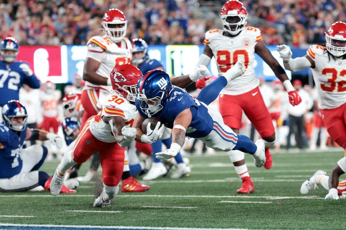 New York Giants running back Cam Skattebo (No. 44) scores a touchdown against the Kansas City Chiefs during an NFL Week 3 game at MetLife Stadium in East Rutherford, New Jersey, on Sunday, Sept. 21, 2025.