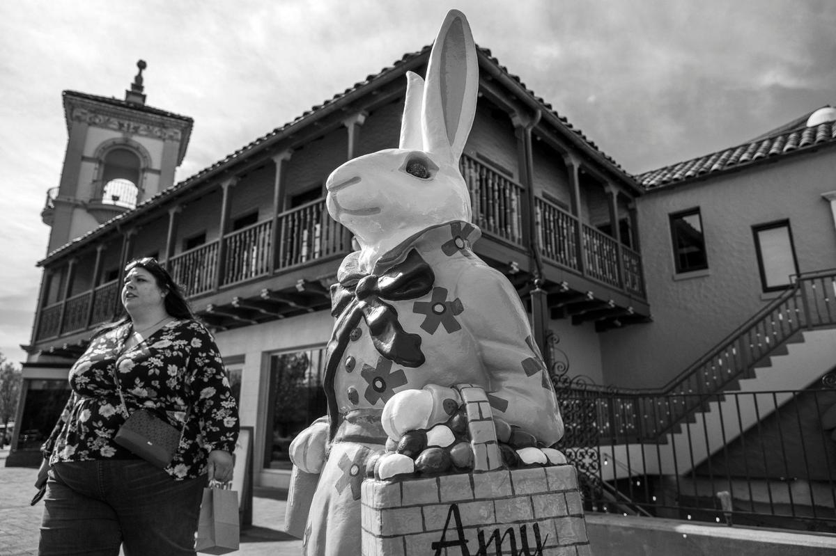 Amy, an Easter bunny sculpture, is displayed along West 47th Street at the Country Club Plaza on Monday, April 14, 2025.