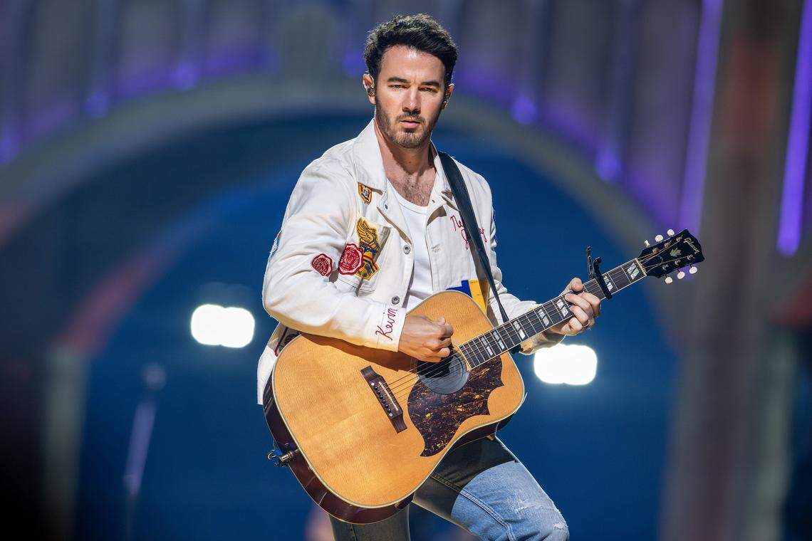 Kevin Jonas performs “Love Me To Heaven,” during the Jonas Brothers' Jonas 20: Greetings from Your Hometown tour at T-Mobile Center on Tuesday, Oct. 7, 2025, in Kansas City.