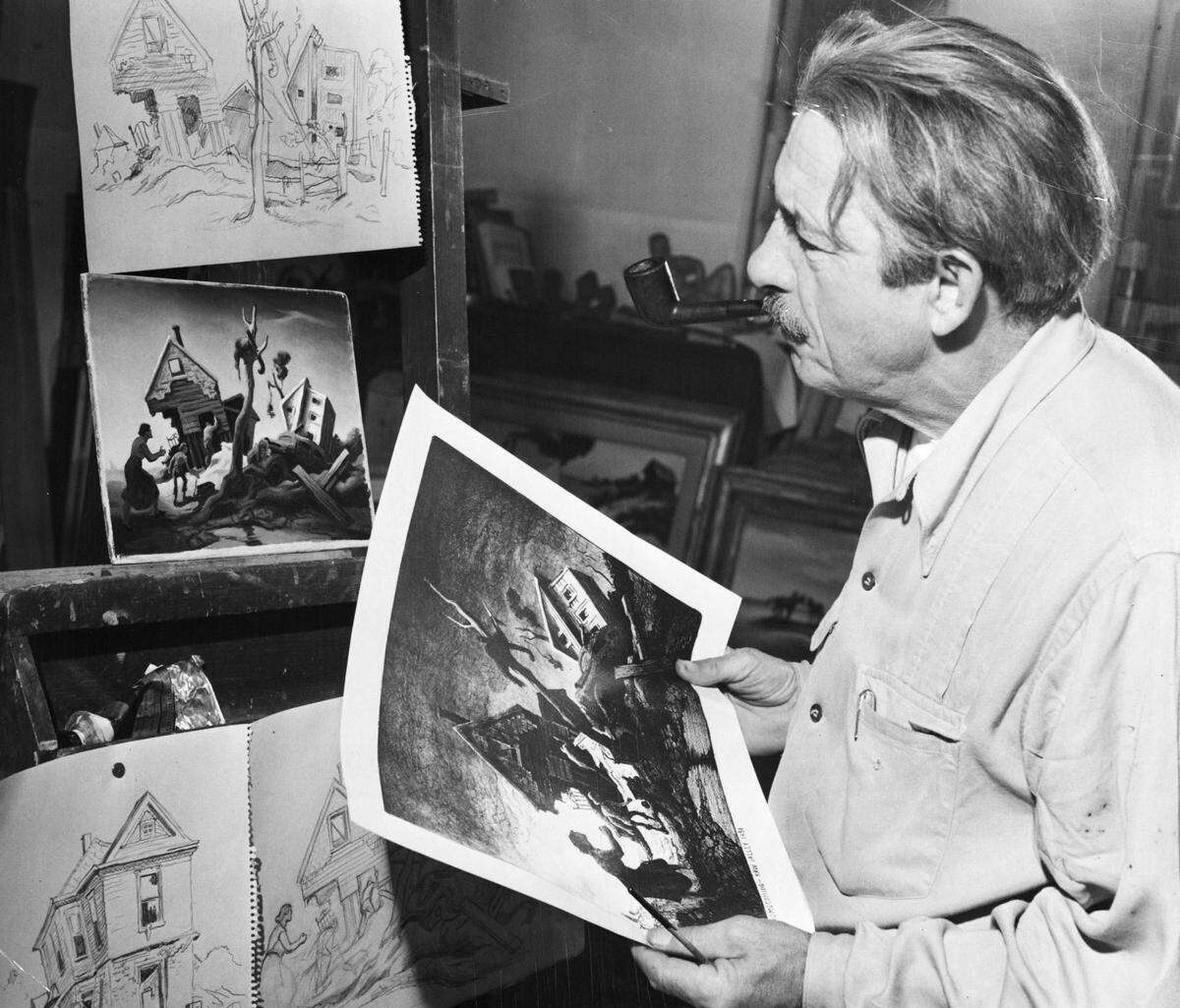 Thomas Hart Benton works in his studio next to his home at 3616 Belleview in 1951.