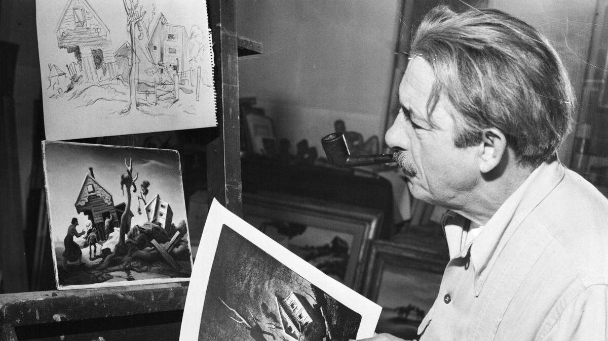 Thomas Hart Benton in his studio next to his home at 3616 Belleview in 1951.