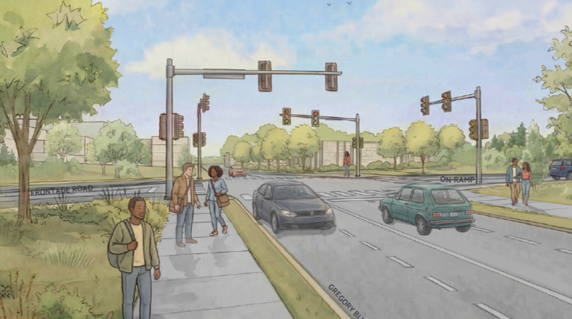 A conceptual drawing of 55th Street shows how the road could look as on overpass that does not intersect with U.S. Highway 71.