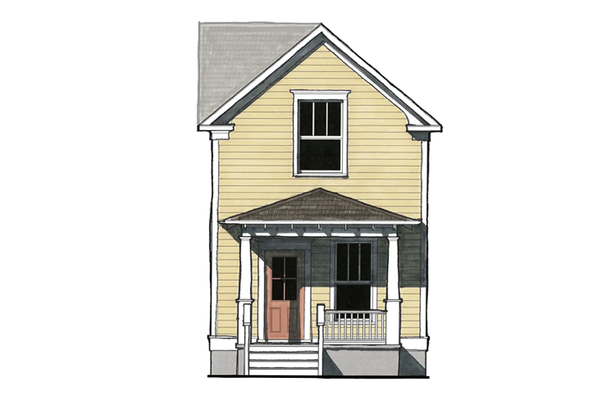 The Jefferson is a 1,088 square-foot home with living space on the first floor and two bedrooms on the second floor. The plan also includes one-and-a-half bathrooms.