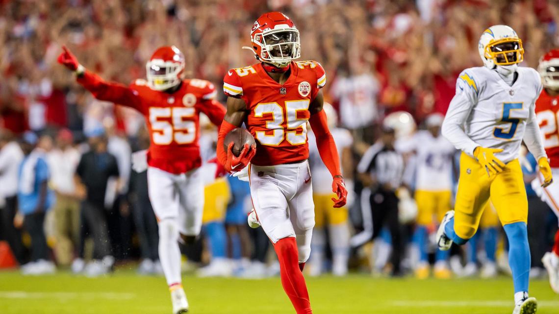 Kansas City Chiefs cornerback Jaylen Watson (35) intercepts the ball on his way for a pick six during the home opener game between the Kansas City Chiefs and the LA Chargers on Thursday September 15, 2022 at Arrowhead Stadium in Kansas City, Missouri