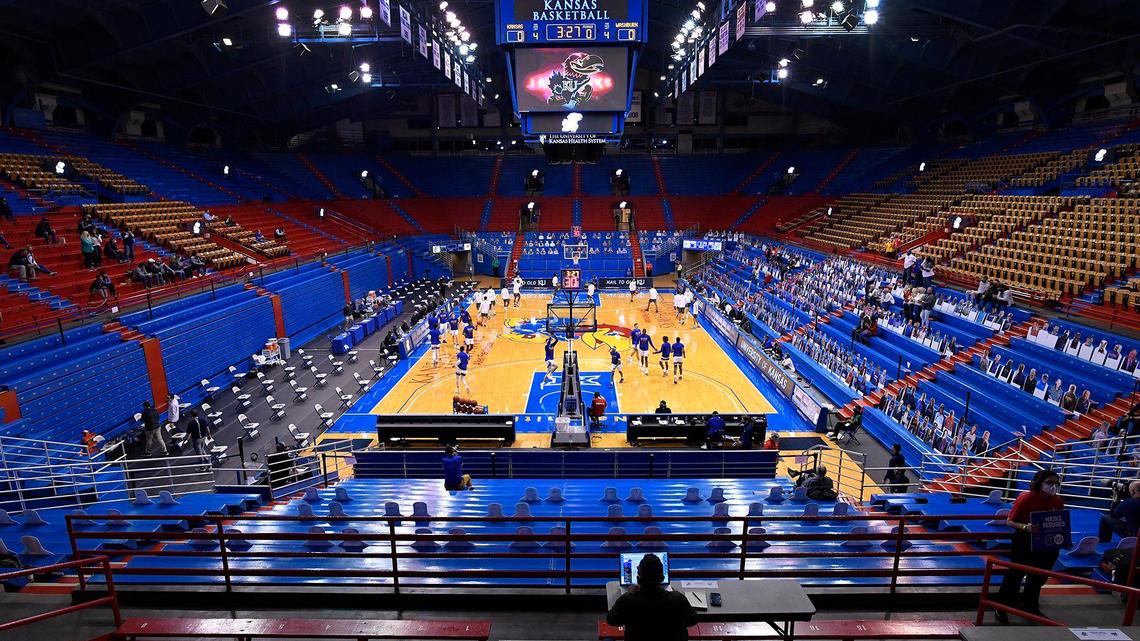 The KU Jayhawks took to James Naismith Court and an empty Allen Fieldhouse Thursday night for a game against Washburn. No fans were allowed into the game out of concerns over the COVID-19 pandemic (Dec. 3, 2020).