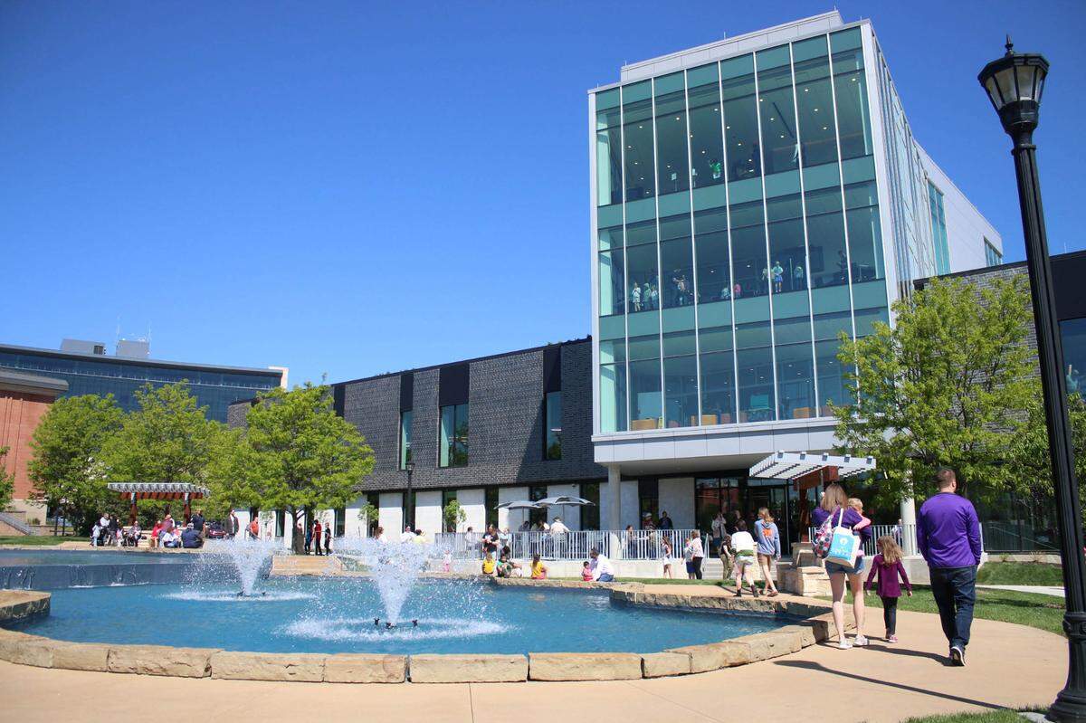 Fountains dominate the landscape on the south side of Olathe’s new downtown library.