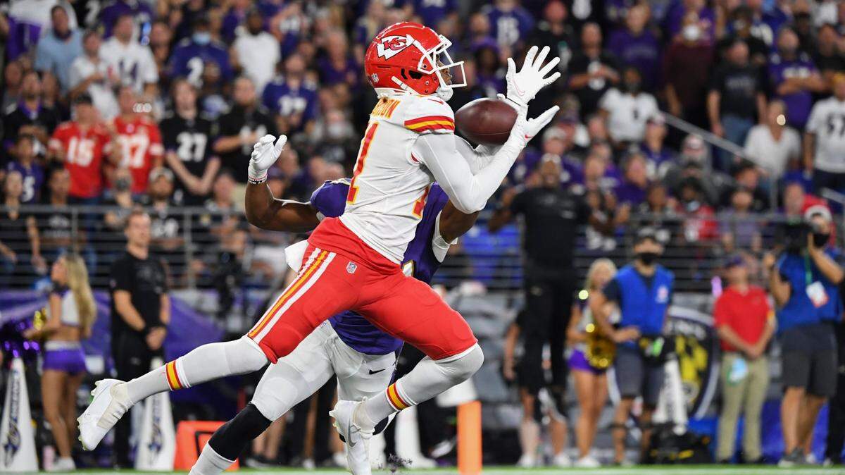 Kansas City Chiefs wide receiver Demarcus Robinson catches a touchdown pass from Patrick Mahomes during the first half of an NFL football game, Sunday, Sept. 19, 2021, in Baltimore. (AP Photo/Terrance Williams)
