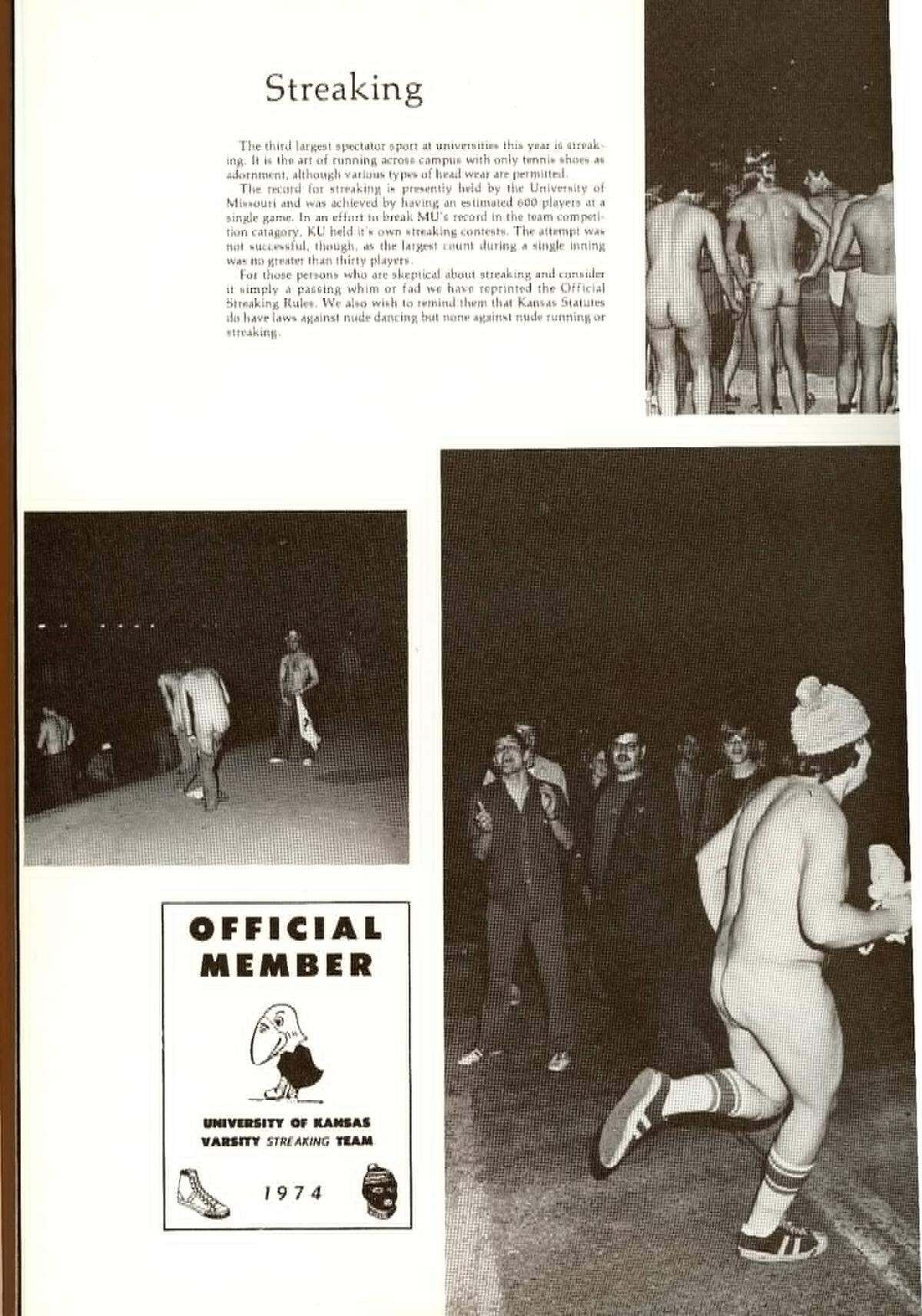 A page from the University of Kansas yearbook in 1974 highlighted the fad that had swept college campuses across the nation: streaking.