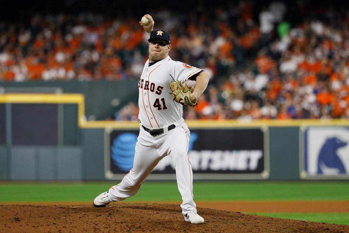 Houston Astros relief pitcher Brad Peacock throws during the sixth inning of Game 6 of the baseball World Series against the Washington Nationals Tuesday, Oct. 29, 2019, in Houston. (AP Photo/Matt Slocum)