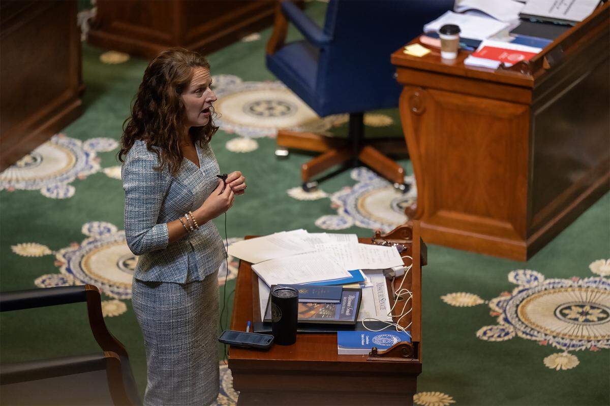 Sen. Maggie Nurrenbern, a Kansas City Democrat, talks against gerrymandering of the state’s congressional map in the Senate Chambers at the Missouri Capitol on Wednesday, Sept. 10, 2025, in Jefferson City, Missouri.