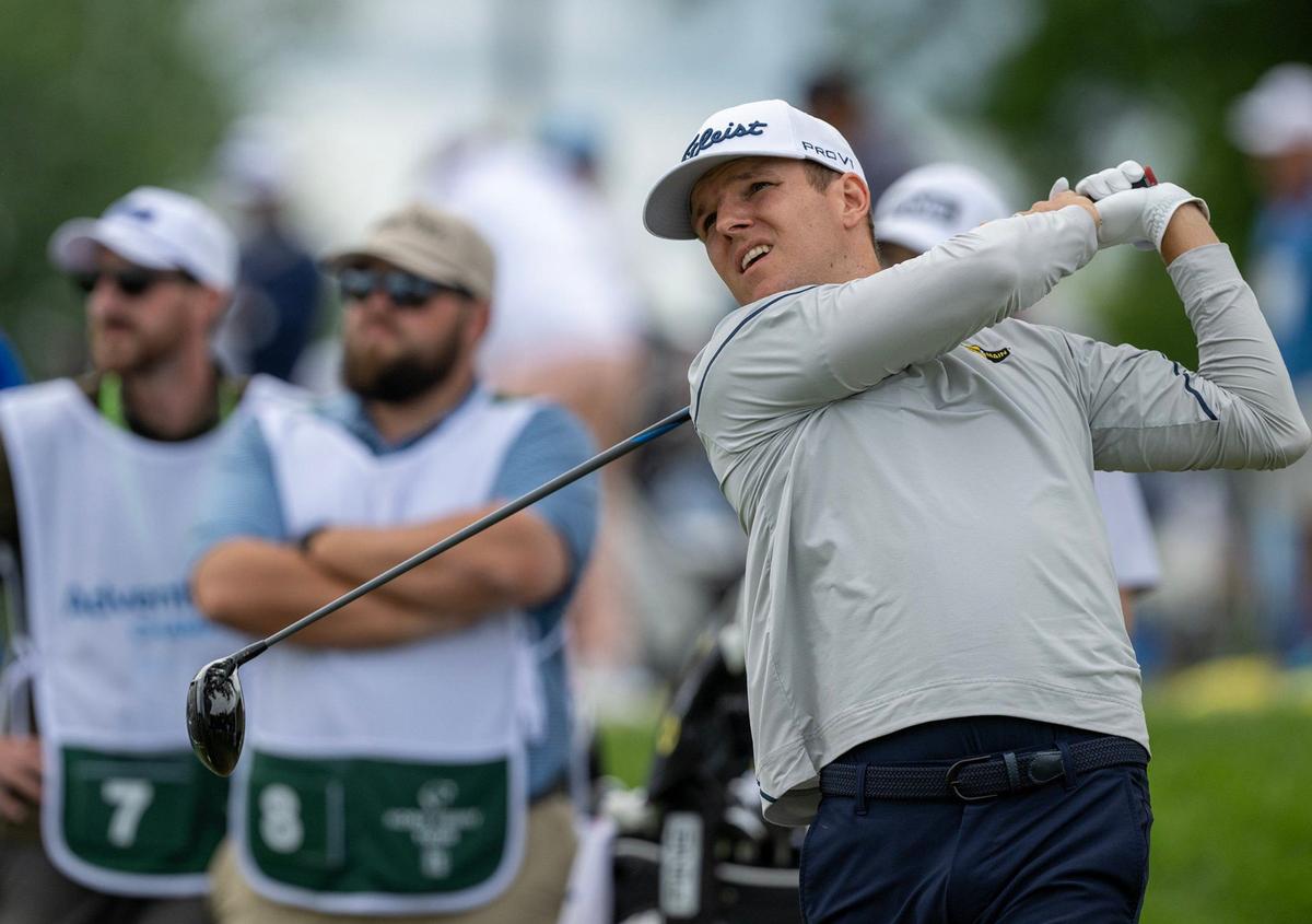 Jeremy Paul of Heidelberg, Germany, hits from the opening tee during Thursday’s first round of the AdventHealth Championship, a PGA-sanctioned Korn Ferry Tour event taking place through the weekend at Blue Hills Country Club in Kansas City.