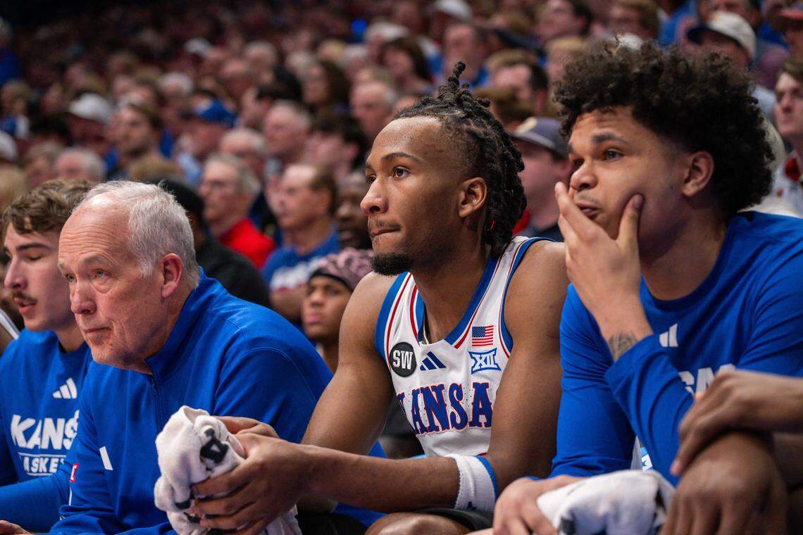 Kansas Jayhawks guard Darryn Peterson (22) sits on the bench in the second half of the Jayhawks game vs. the Houston Cougars on Monday, February 23, 2026, at Allen Fieldhouse.