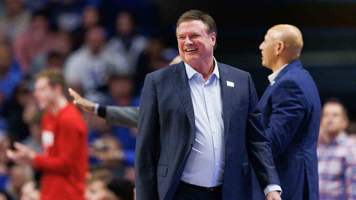 Kansas Jayhawks head coach Bill Self laughs during the first half against the Kentucky Wildcats at Rupp Arena at Central Bank Center on Jan. 28, 2023.