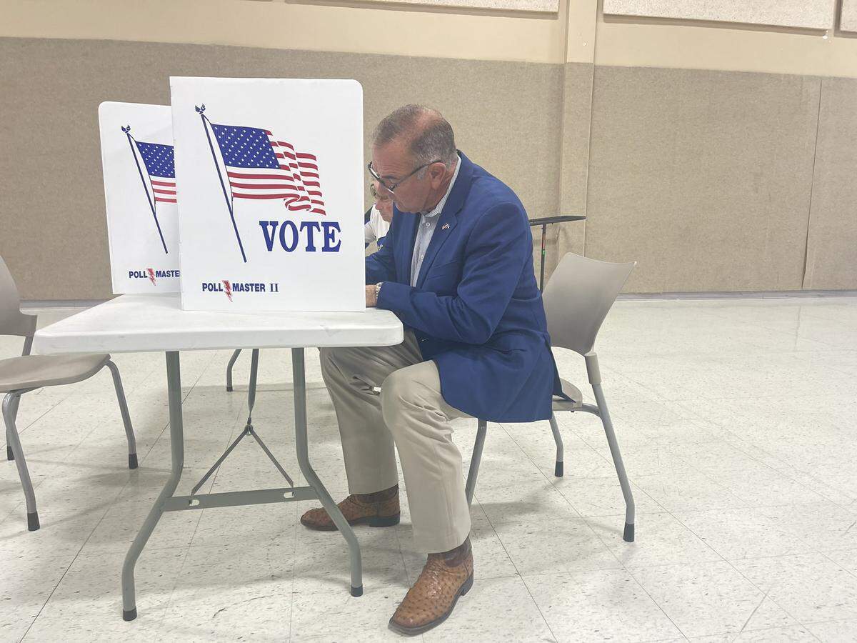 Lt. Gov. Mike Kehoe, one of the top Republican candidates for governor, casts his ballot on Tuesday in Jefferson City.