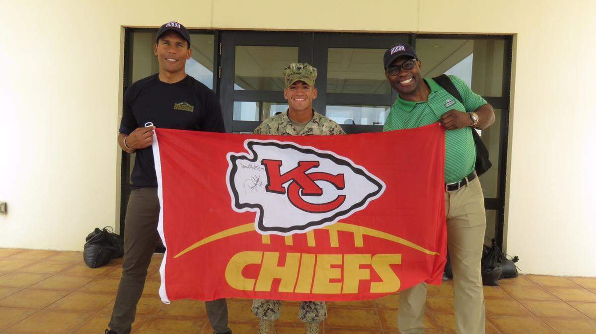Donnie Edwards (left) and Tony Richardson (right) met many Kansas City Chiefs fans while touring with the USO in Okinawa, Japan.