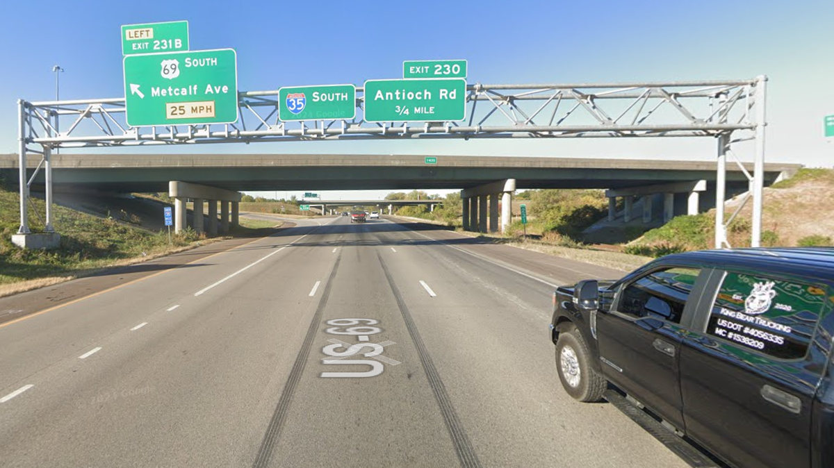 A man allegedly traveling fast on I-35 in Overland Park was killed in a fatal car crash early Sunday morning, according to Overland Park police. Police received a report about a vehicle moving at high speeds. Moments later, police received another report that the same vehicle had crashed under the I-635 bridge. This image is from Google Street View in October 2024.
