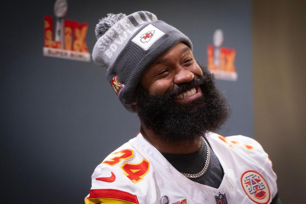 Kansas City Chiefs running back Samaje Perine (34) enjoys a moment during the media availability for the team on Thursday, Feb. 6, 2025, ahead of Super Bowl LIX on Sunday in New Orleans.