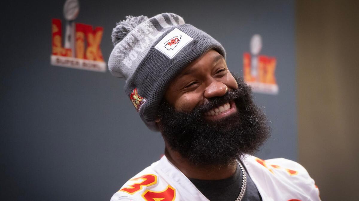 Kansas City Chiefs running back Samaje Perine (34) enjoys a moment during the media availability for the team on Thursday, Feb. 6, 2025, ahead of Super Bowl LIX on Sunday in New Orleans.