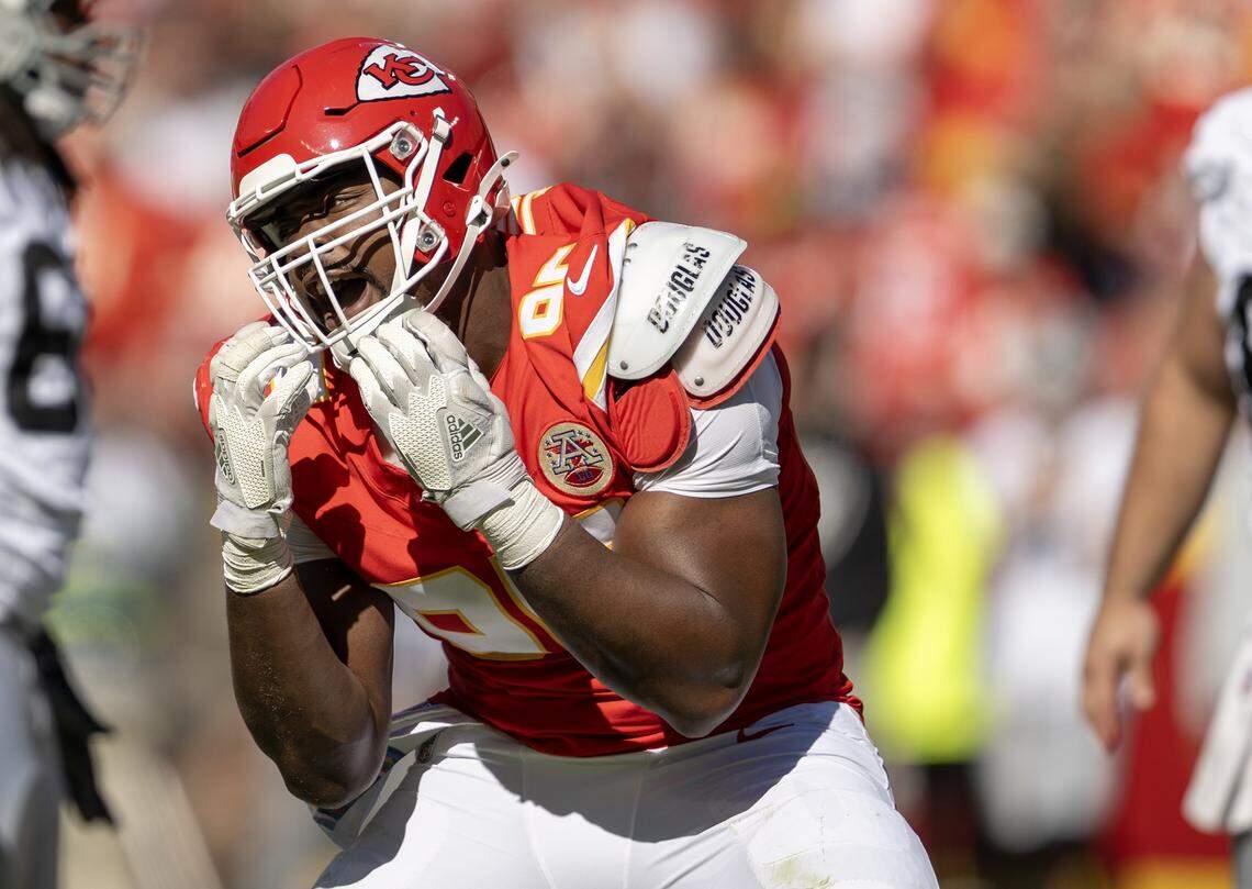 Chiefs defensive lineman Chris Jones celebrates his sack of Las Vegas Raiders quarterback Geno Smith during an NFL Week 7 game on Sunday, October 19, 2025 at GEHA Field at Arrowhead Stadium in Kansas City. The Chiefs defeated the Raiders 31-0.