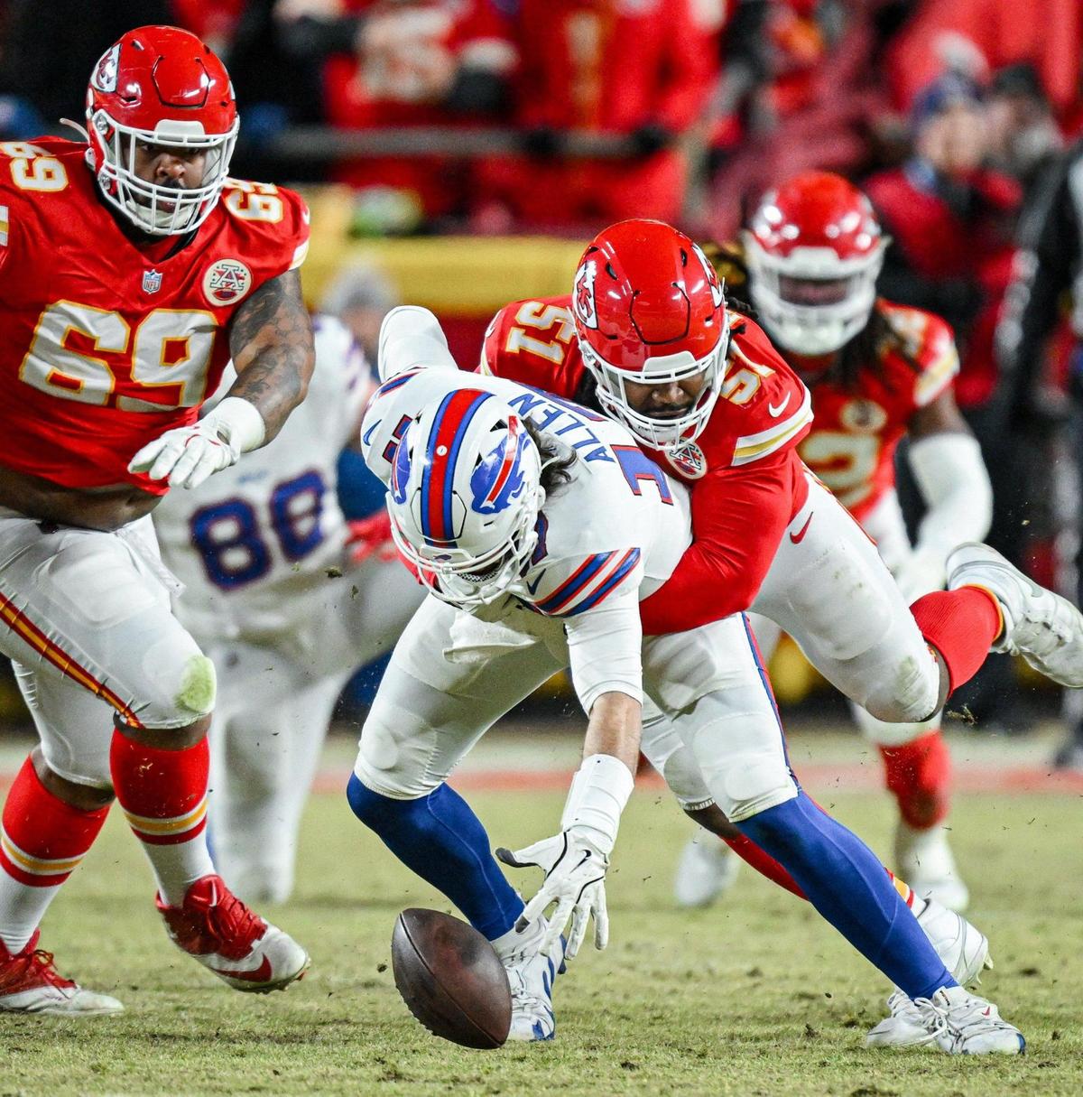 Kansas City Chiefs defensive end Mike Danna (51) forces Buffalo Bills quarterback Josh Allen (17) to drop the ball in the second quarter during the AFC Championship Game on Sunday, Jan. 26, 2025, at GEHA Field at Arrowhead Stadium.