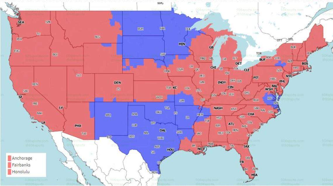 Packers at Colts is in pink; Cowboys at Vikings is in blue.