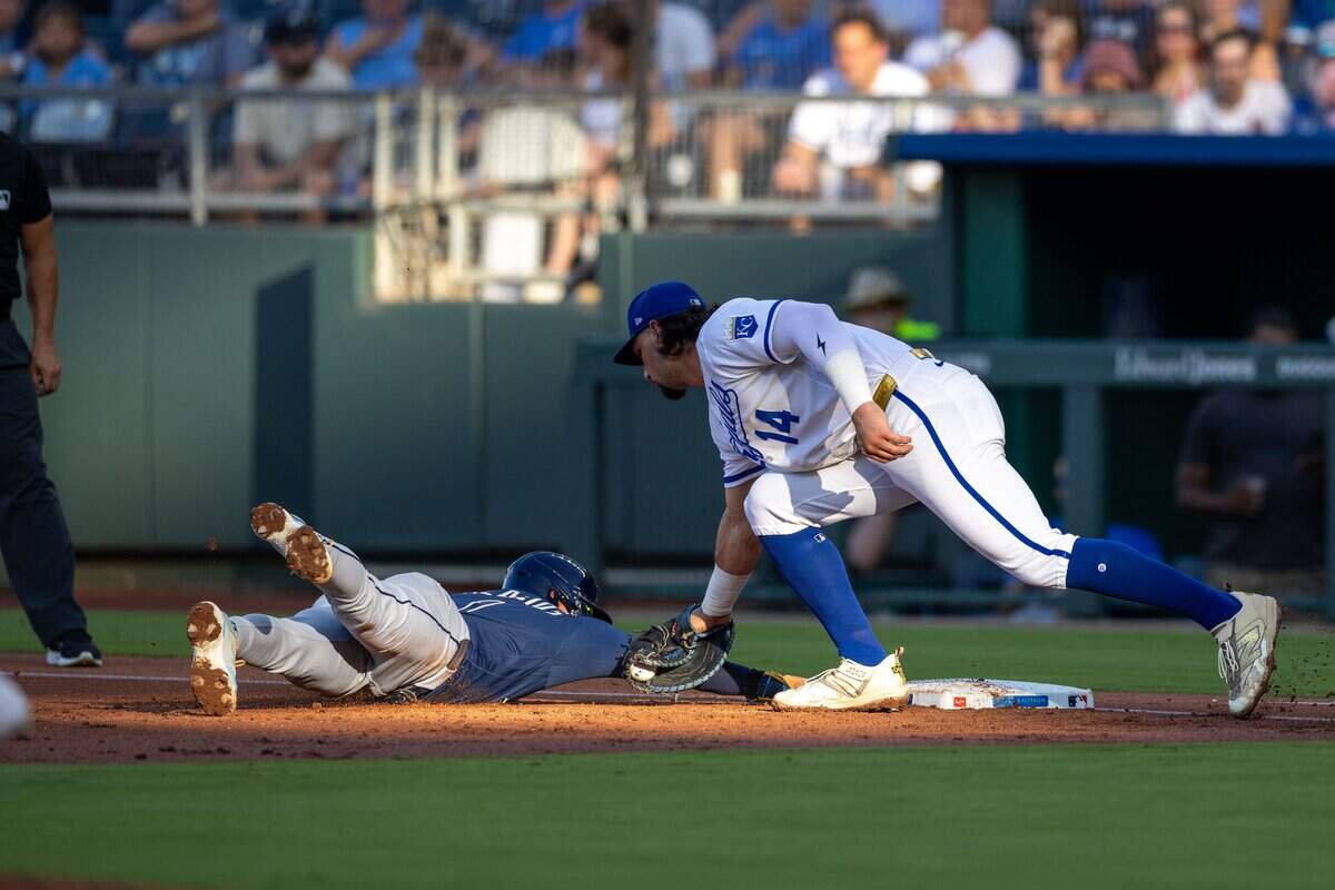 Outfielder and first baseman Jac Caglianone, #14, during Thursday's Armed Forces Night game at Kauffman Stadium on July 2, 2026. The Tampa Bay Rays came out on top over the Royals with a final score of 5 to 2.