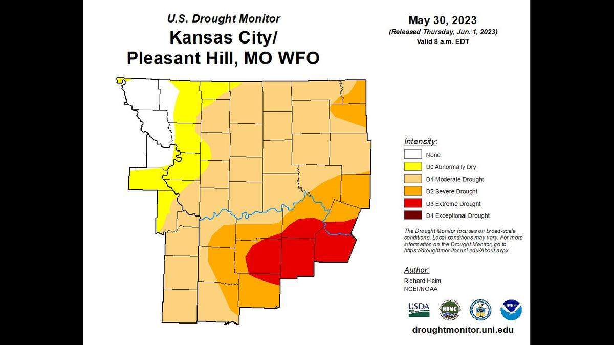 Drought conditions worsened in the Kansas City area over the past week, according to the latest maps from the U.S. Drought Monitor. The maps, however, are a snapshot as of Tuesday and don’t reflect the impact of this week’s stormy weather.