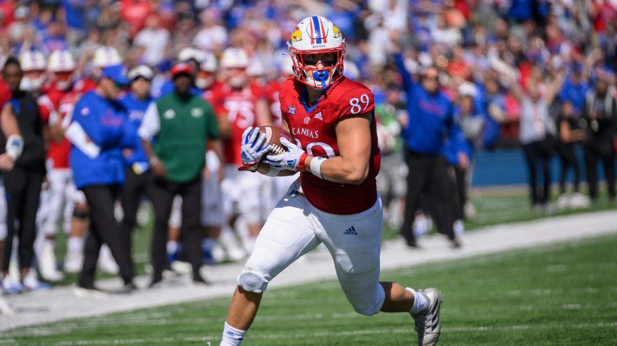 Kansas tight end Mason Fairchild runs downfield after making a catch against TCU on Saturday, Oct. 8, 2022, in Lawrence.