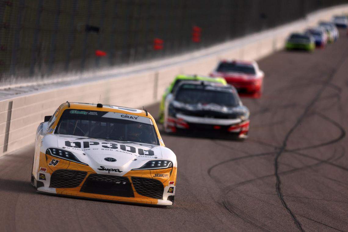 Taylor Gray, far left, drove his No. 54 Operation 300 Toyota to victory in the Kansas Lottery 300 NASCAR O’Reilly Auto Parts Series race on Saturday, April 18, 2026 in Kansas City, Kansas.
