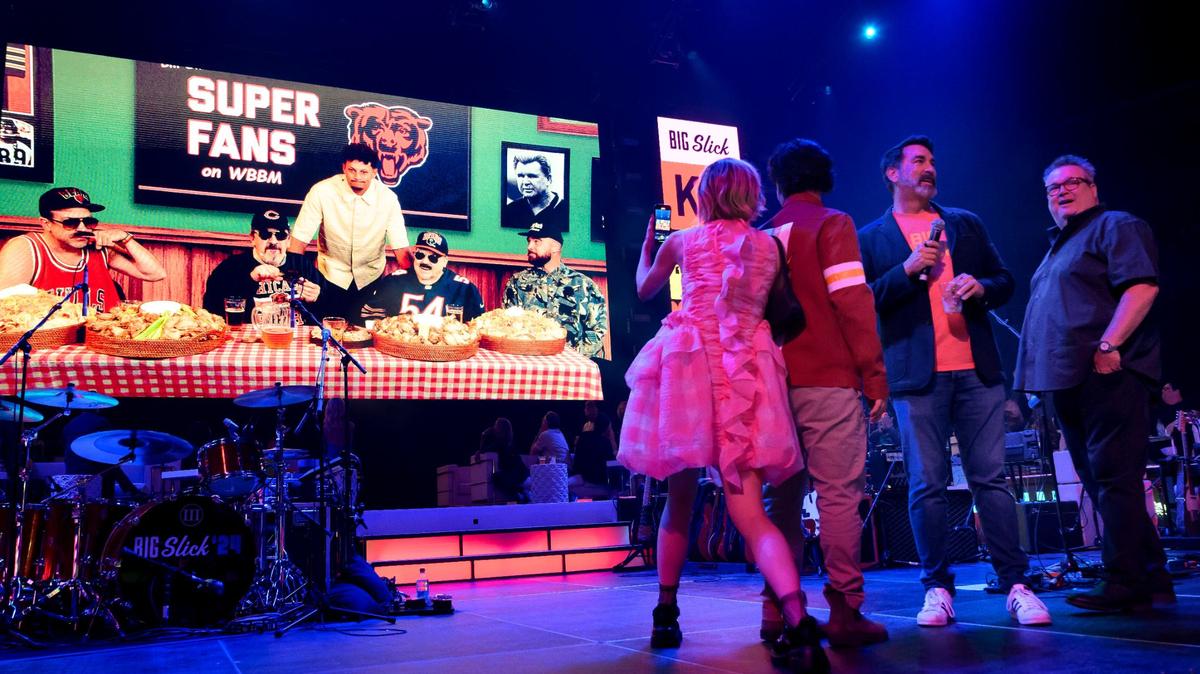 The Big Slick party in 2024 began with a video of “Super Fans” of “Da Bears” with, from left, Jason Sudeikis, Robert Smigel and George Wendt, who were joined by Chiefs Patrick Mahomes, standing, and Travis Kelce, far right.