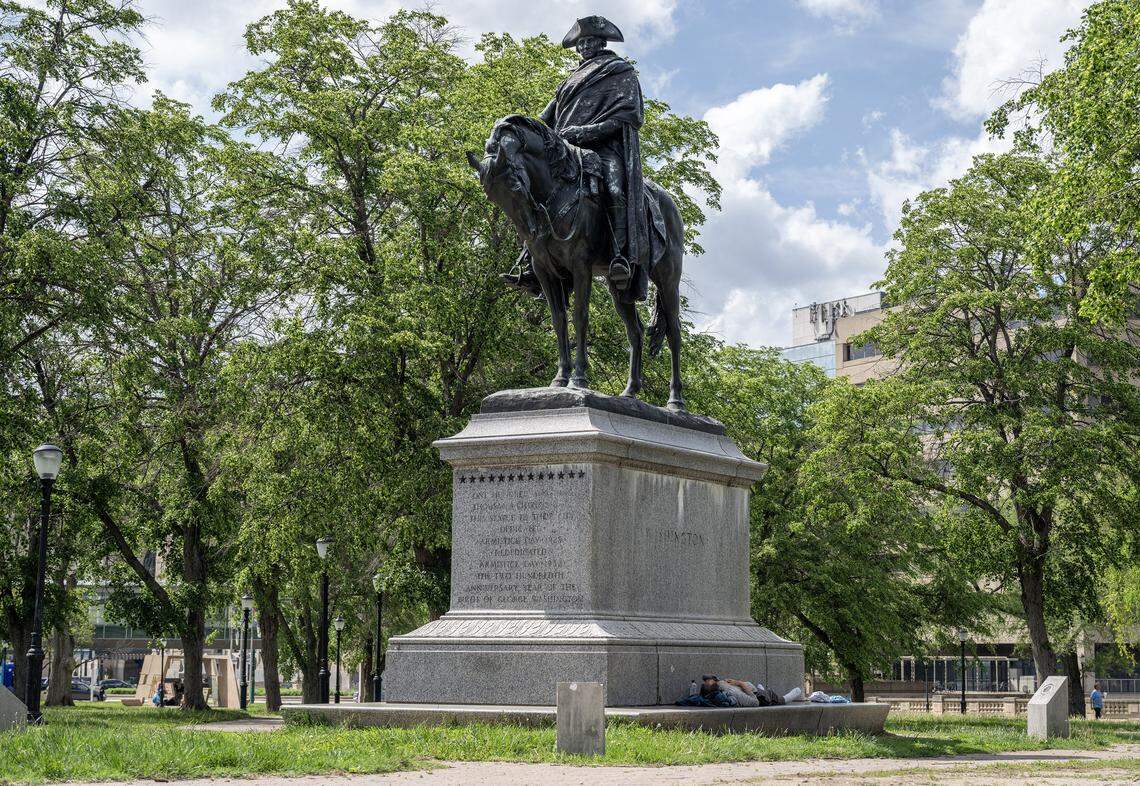 The George Washington Memorial is seen at Washington Square Park is on Wednesday, April 15, 2026, in Kansas City.