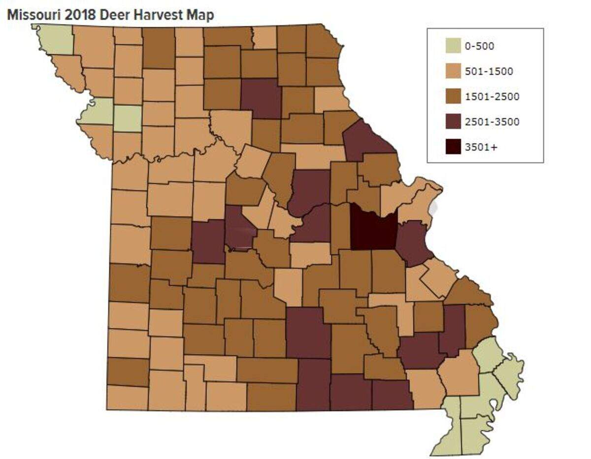 The Missouri Department of Conservation website has an interactive map that tallies deer harvest totals for all seasons.