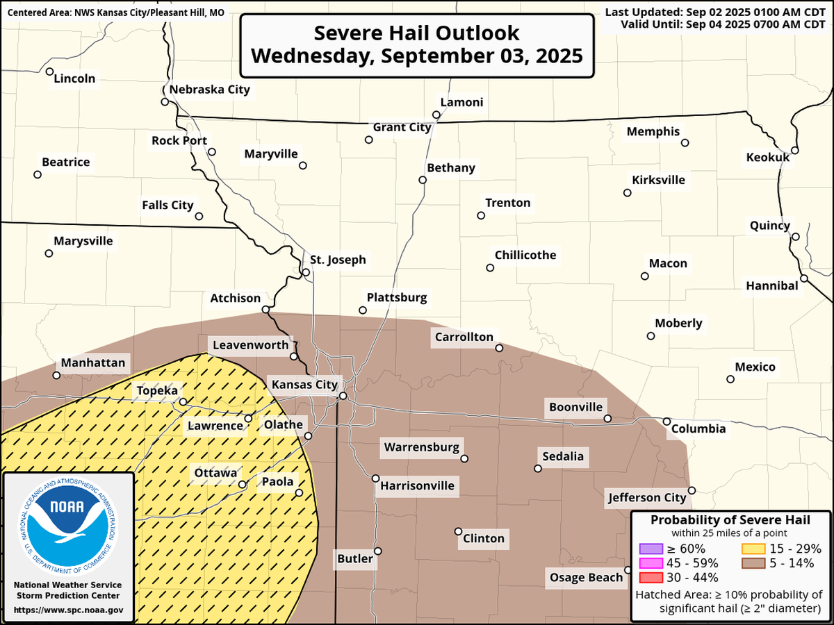 Large hail will be possible as severe weather sweeps through the Kansas City area on Wednesday. The National Weather Service’s Storm Prediction Center has placed Kansas City in an area with a 5-14% chance of severe hail.