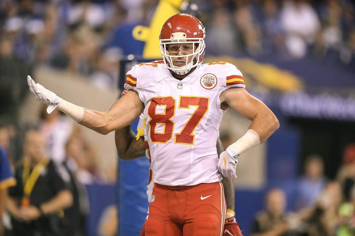 Kansas City Chiefs tight end Travis Kelce danced in the end zone after his second quarter touchdown catch against the Indianapolis Colts on October 30, 2016, at Lucas Oil Stadium in Indianapolis, Indiana. The Chiefs won, 30-14.