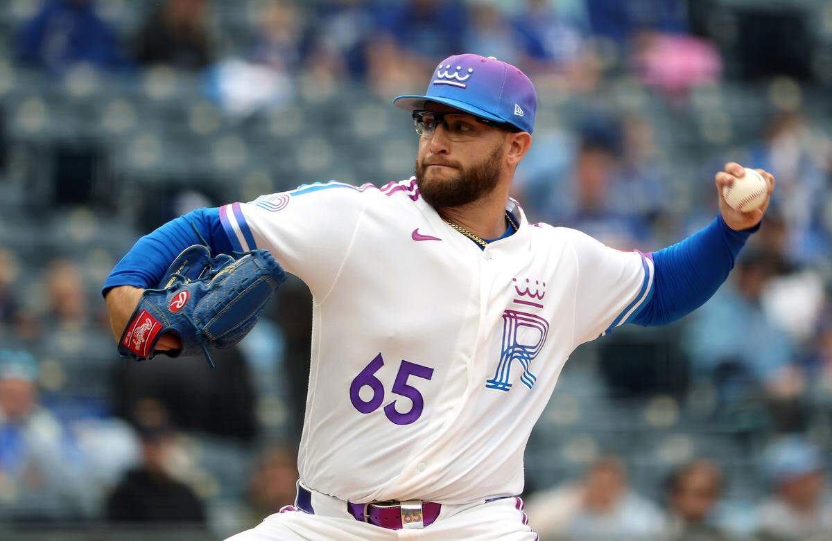 Starting pitcher Noah Cameron #65 of the Kansas City Royals pitches during the 1st inning against the Chicago White Sox at Kauffman Stadium on April 12, 2026 in Kansas City.