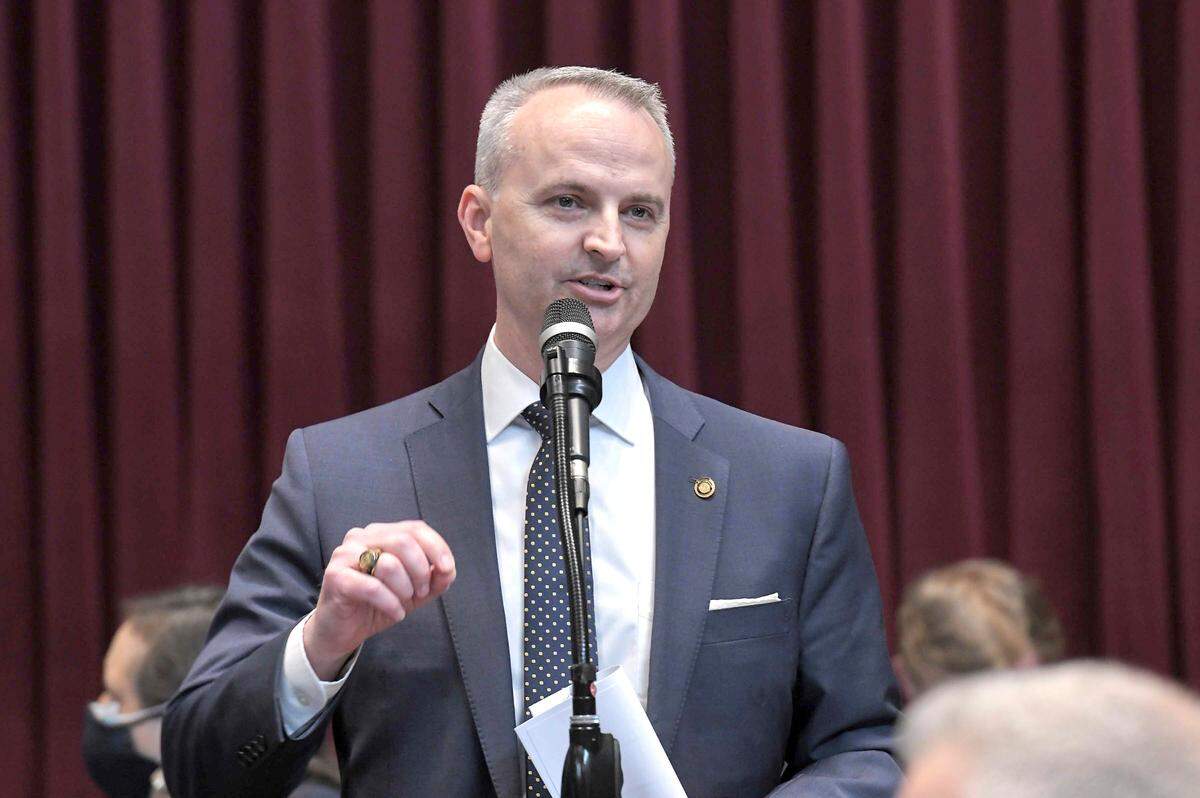 In this March 8, 2021 photo provided by the Missouri House of Representatives, Missouri state Rep. Doug Richey speaks during a House debate at the state Capitol in Jefferson City, Mo. (Tim Bommel/Missouri House of Representatives via AP)