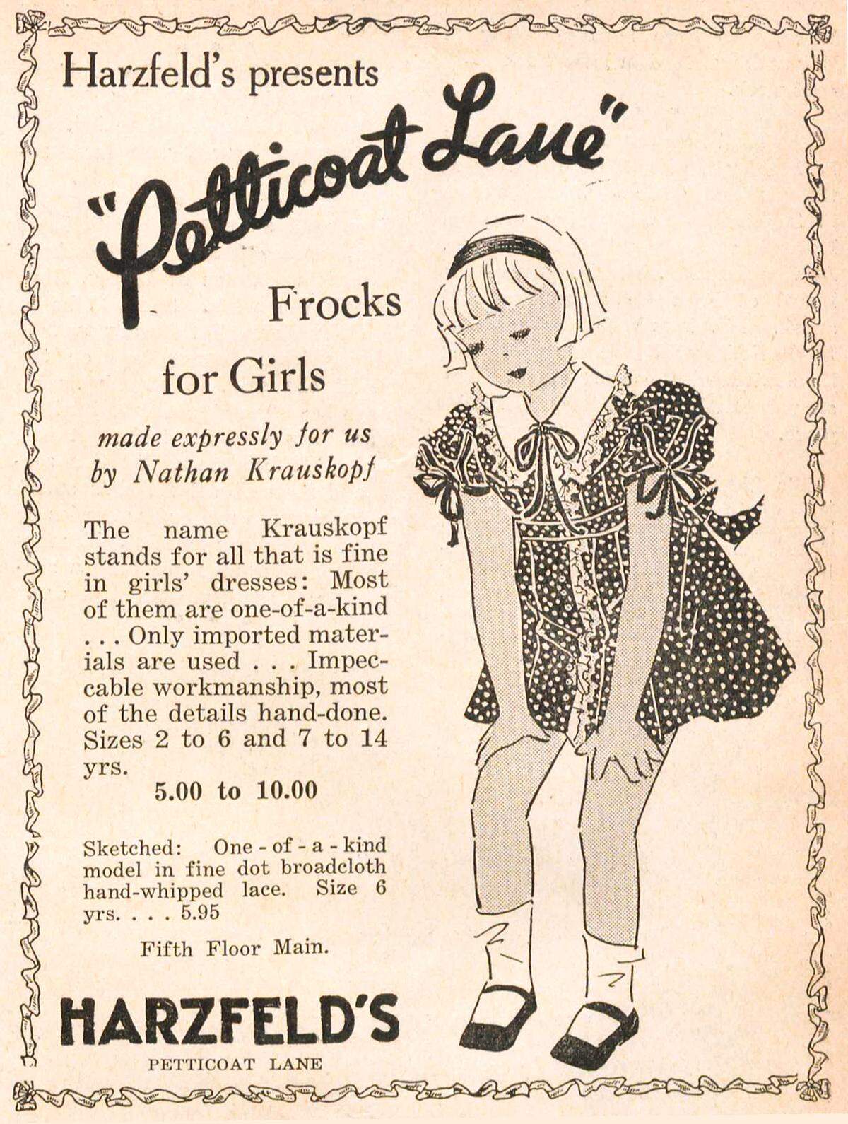 Harzfeld’s Petticoat Lane advertisement.