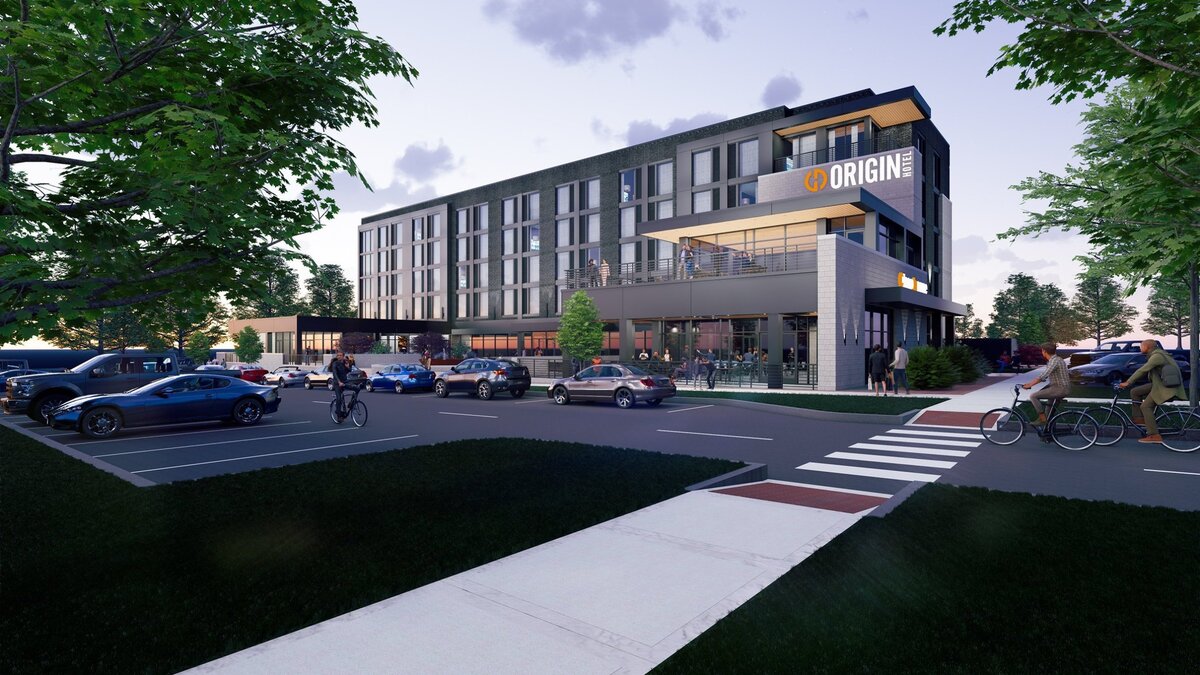 A rendering by ICON Architecture & Fabrication shows the exterior of the new Origin KC, the first hotel to be built on the Berkley Riverfront in Kansas City.