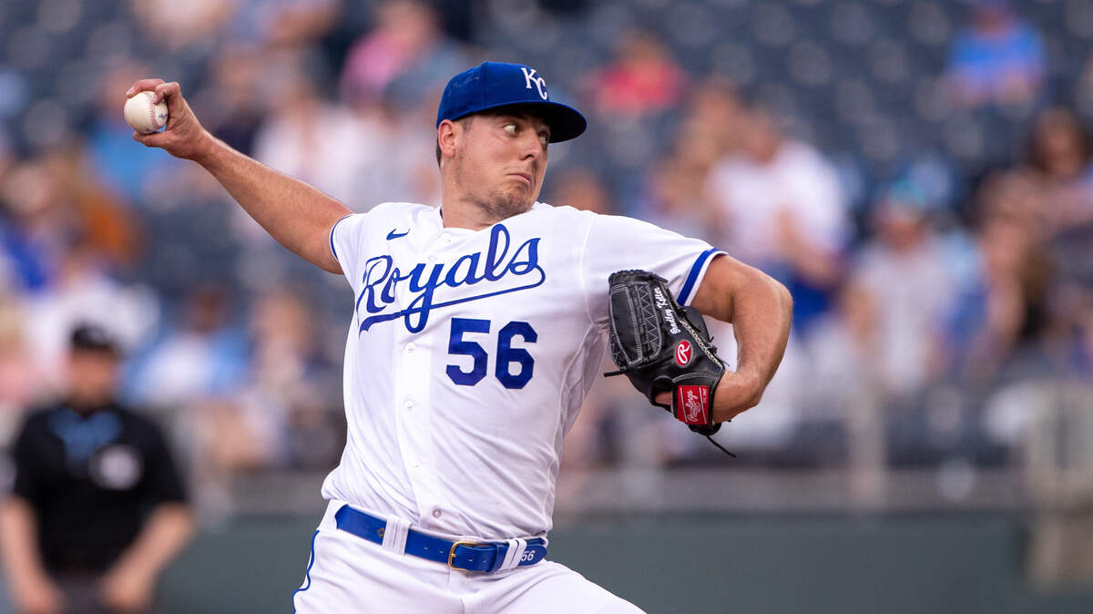 Kansas City Royals starting pitcher Brad Keller (56) pitches during the second inning against the Chicago White Sox at Kauffman Stadium on May 10, 2023.